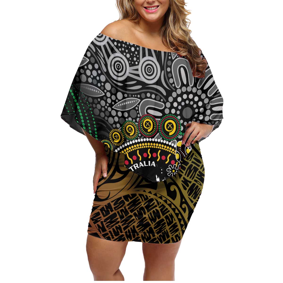 Personalised Australia And Vanuatu Family Matching Off Shoulder Short Dress and Hawaiian Shirt Aboriginal Lizard Polynesia Ni-Van Pig Tusk LT14 Mom's Dress Black - Polynesian Pride