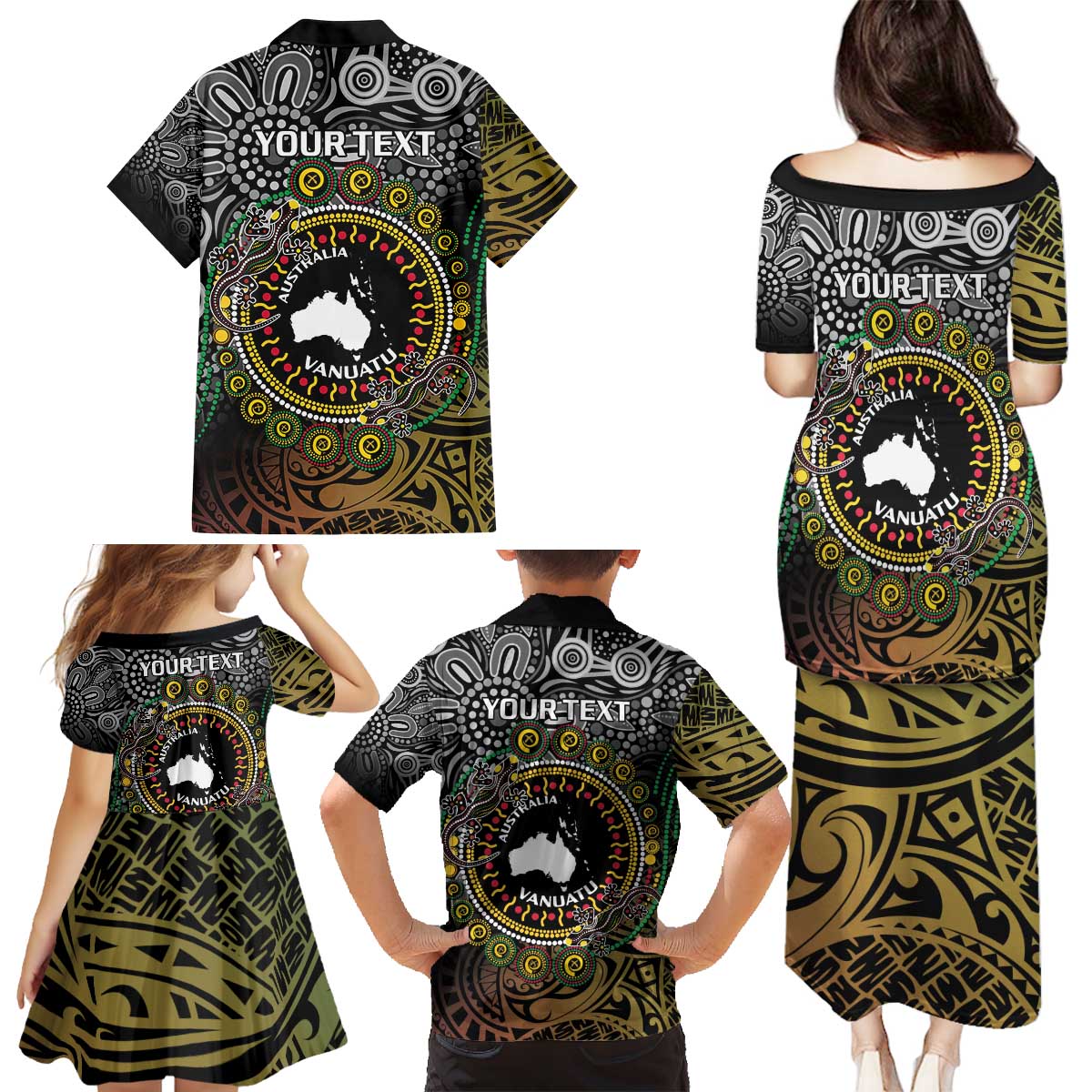 Personalised Australia And Vanuatu Family Matching Puletasi and Hawaiian Shirt Aboriginal Lizard Polynesia Ni-Van Pig Tusk LT14 - Polynesian Pride