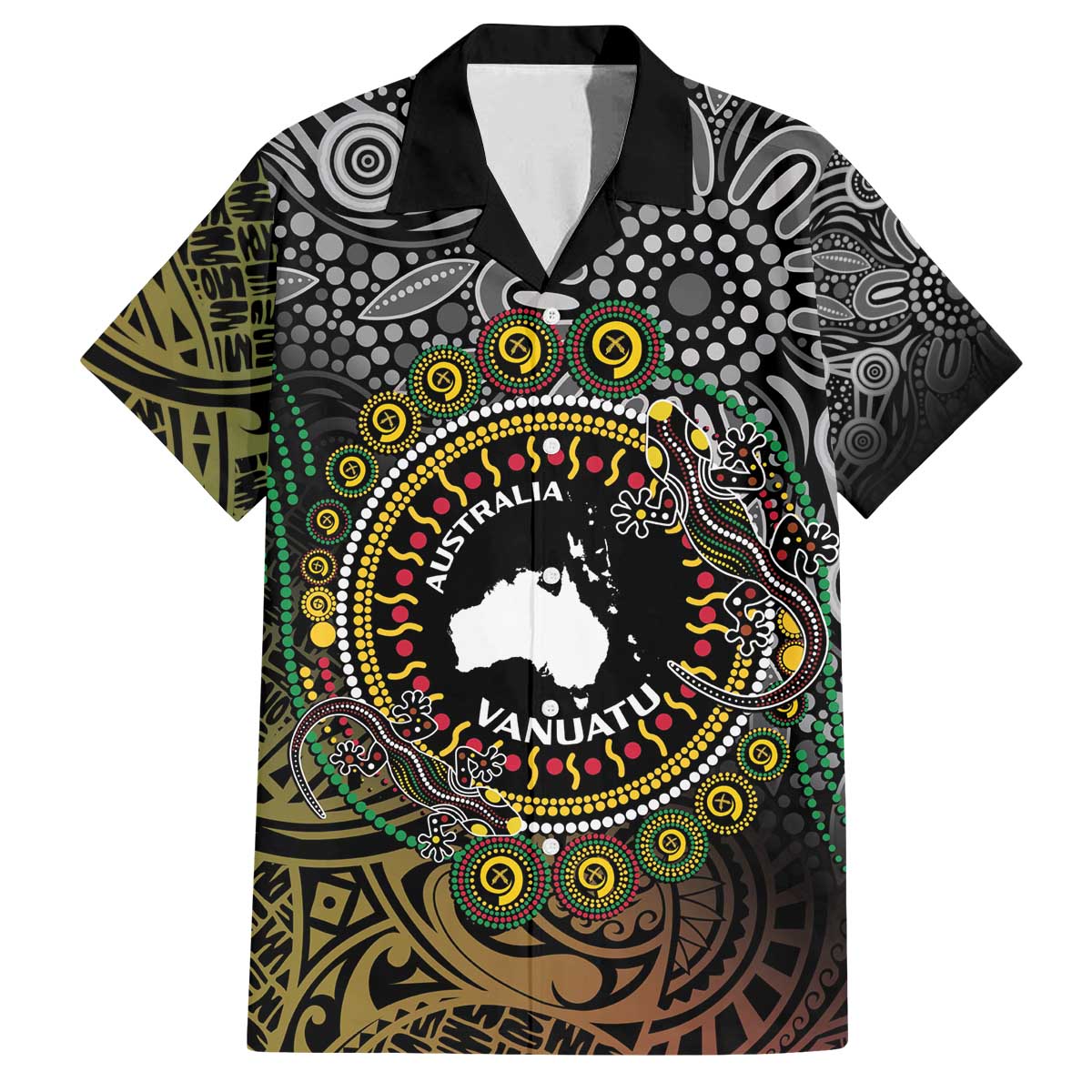 Personalised Australia And Vanuatu Family Matching Puletasi and Hawaiian Shirt Aboriginal Lizard Polynesia Ni-Van Pig Tusk LT14 Dad's Shirt - Short Sleeve Black - Polynesian Pride