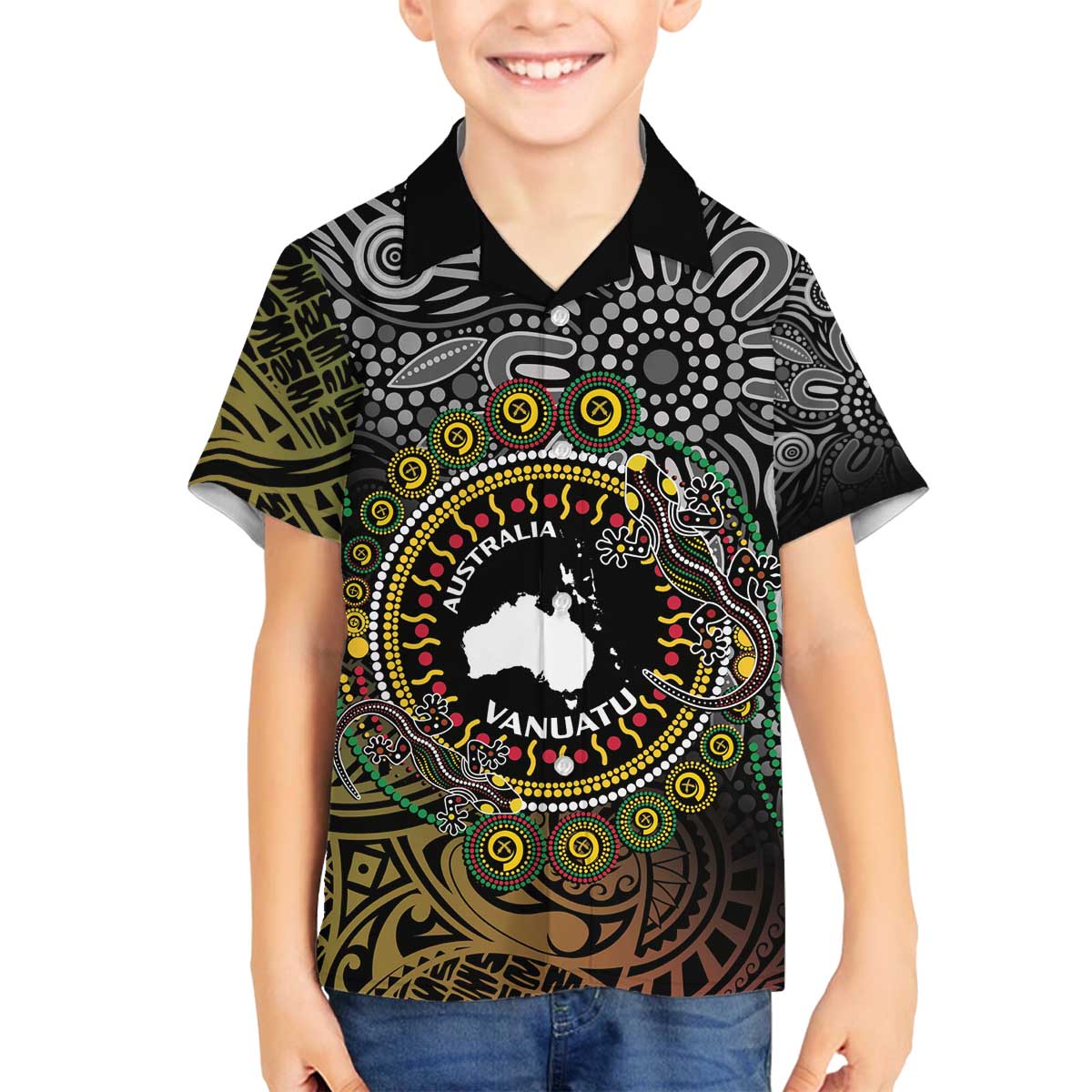 Personalised Australia And Vanuatu Family Matching Puletasi and Hawaiian Shirt Aboriginal Lizard Polynesia Ni-Van Pig Tusk LT14 Son's Shirt Black - Polynesian Pride