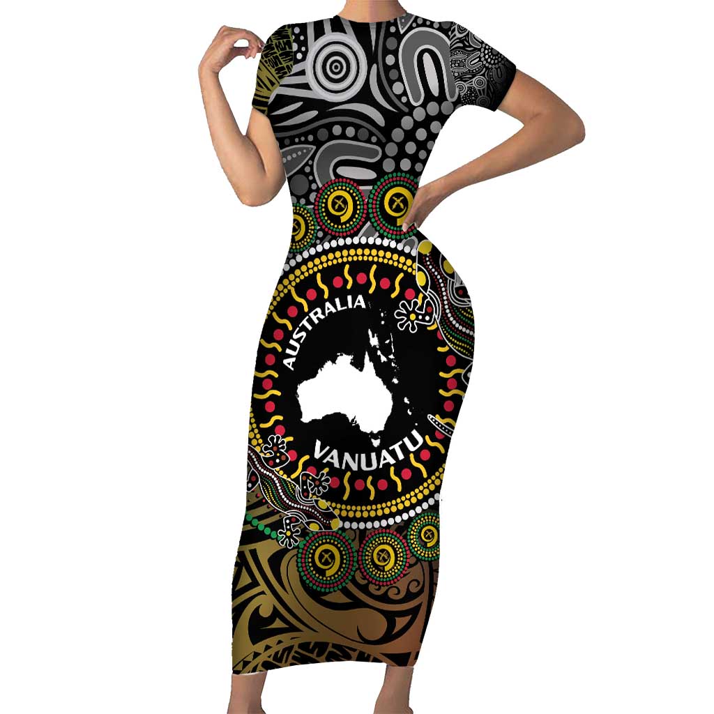 Personalised Australia And Vanuatu Family Matching Short Sleeve Bodycon Dress and Hawaiian Shirt Aboriginal Lizard Polynesia Ni-Van Pig Tusk LT14 Mom's Dress Black - Polynesian Pride