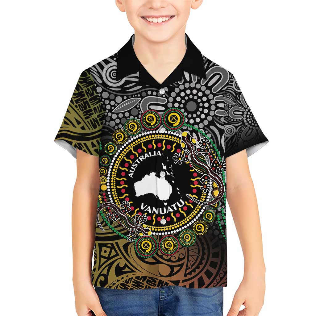Personalised Australia And Vanuatu Family Matching Short Sleeve Bodycon Dress and Hawaiian Shirt Aboriginal Lizard Polynesia Ni-Van Pig Tusk LT14 Son's Shirt Black - Polynesian Pride