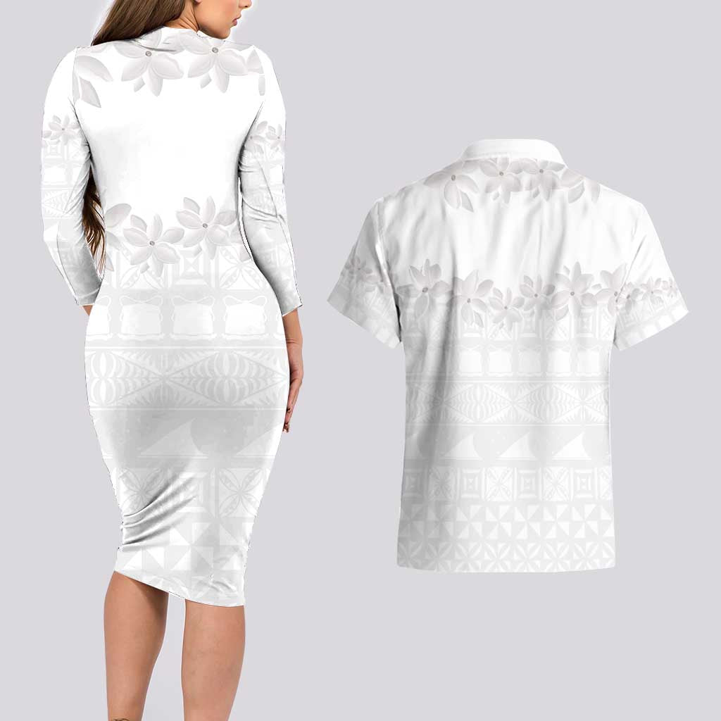 Tokelau White Sunday Couples Matching Long Sleeve Bodycon Dress and Hawaiian Shirt Polynesian Pattern Gardenia Thunbergia LT14 - Polynesian Pride