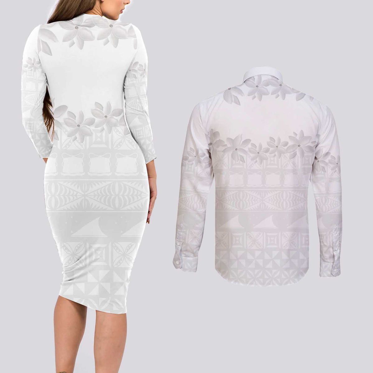 Tokelau White Sunday Couples Matching Long Sleeve Bodycon Dress and Long Sleeve Button Shirt Polynesian Pattern Gardenia Thunbergia LT14 - Polynesian Pride