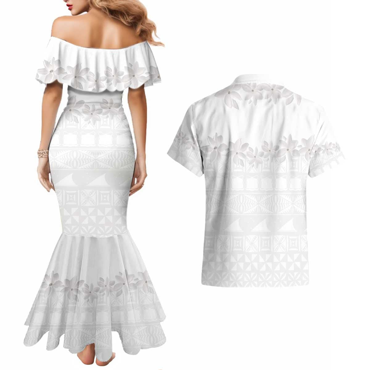 Tokelau White Sunday Couples Matching Mermaid Dress and Hawaiian Shirt Polynesian Pattern Gardenia Thunbergia LT14 - Polynesian Pride