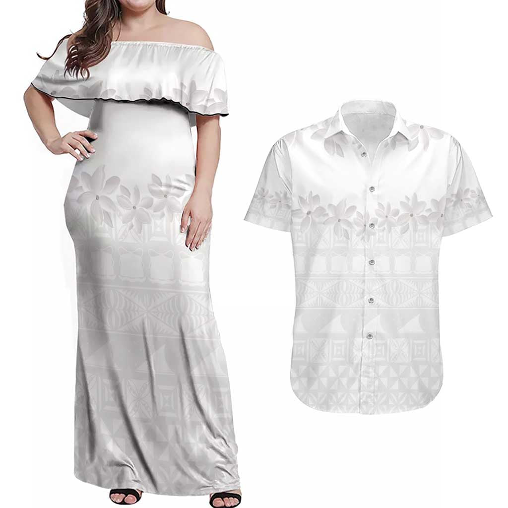 Tokelau White Sunday Couples Matching Off Shoulder Maxi Dress and Hawaiian Shirt Polynesian Pattern Gardenia Thunbergia LT14 White - Polynesian Pride
