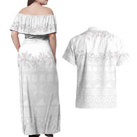 Tokelau White Sunday Couples Matching Off Shoulder Maxi Dress and Hawaiian Shirt Polynesian Pattern Gardenia Thunbergia LT14 - Polynesian Pride