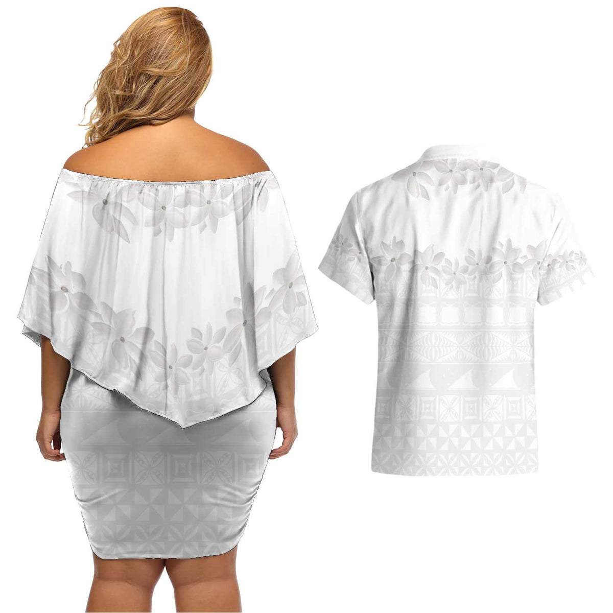 Tokelau White Sunday Couples Matching Off Shoulder Short Dress and Hawaiian Shirt Polynesian Pattern Gardenia Thunbergia LT14 - Polynesian Pride