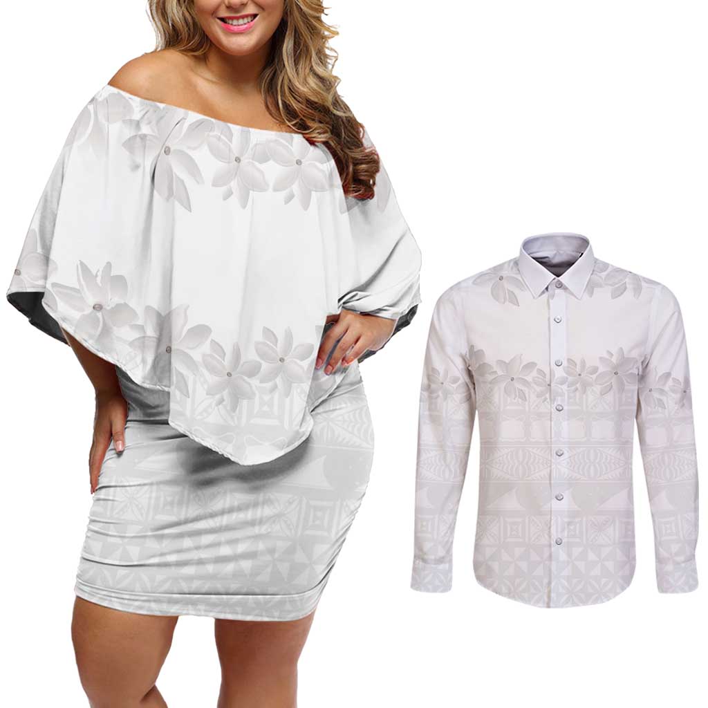 Tokelau White Sunday Couples Matching Off Shoulder Short Dress and Long Sleeve Button Shirt Polynesian Pattern Gardenia Thunbergia LT14 White - Polynesian Pride
