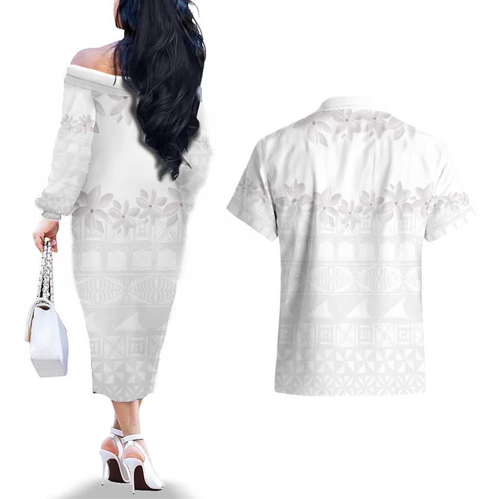 Tokelau White Sunday Couples Matching Off The Shoulder Long Sleeve Dress and Hawaiian Shirt Polynesian Pattern Gardenia Thunbergia LT14 - Polynesian Pride
