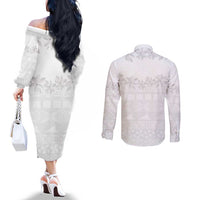 Tokelau White Sunday Couples Matching Off The Shoulder Long Sleeve Dress and Long Sleeve Button Shirt Polynesian Pattern Gardenia Thunbergia LT14 - Polynesian Pride