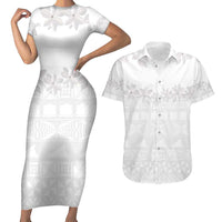 Tokelau White Sunday Couples Matching Short Sleeve Bodycon Dress and Hawaiian Shirt Polynesian Pattern Gardenia Thunbergia LT14 White - Polynesian Pride