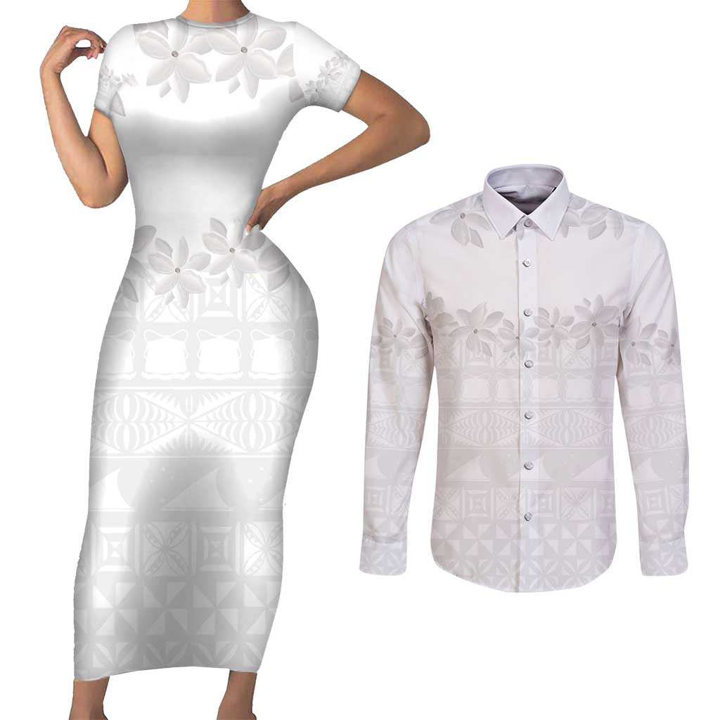 Tokelau White Sunday Couples Matching Short Sleeve Bodycon Dress and Long Sleeve Button Shirt Polynesian Pattern Gardenia Thunbergia LT14 White - Polynesian Pride