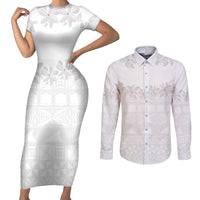 Tokelau White Sunday Couples Matching Short Sleeve Bodycon Dress and Long Sleeve Button Shirt Polynesian Pattern Gardenia Thunbergia LT14 White - Polynesian Pride