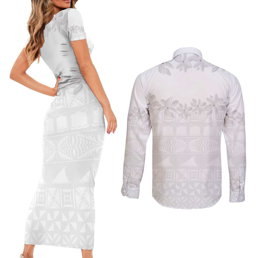 Tokelau White Sunday Couples Matching Short Sleeve Bodycon Dress and Long Sleeve Button Shirt Polynesian Pattern Gardenia Thunbergia LT14 - Polynesian Pride