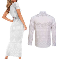 Tokelau White Sunday Couples Matching Short Sleeve Bodycon Dress and Long Sleeve Button Shirt Polynesian Pattern Gardenia Thunbergia LT14 - Polynesian Pride