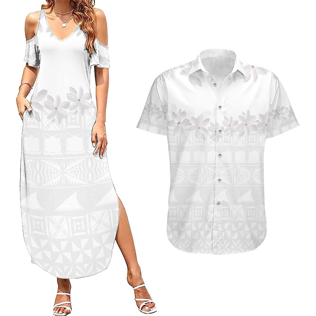 Tokelau White Sunday Couples Matching Summer Maxi Dress and Hawaiian Shirt Polynesian Pattern Gardenia Thunbergia LT14 White - Polynesian Pride