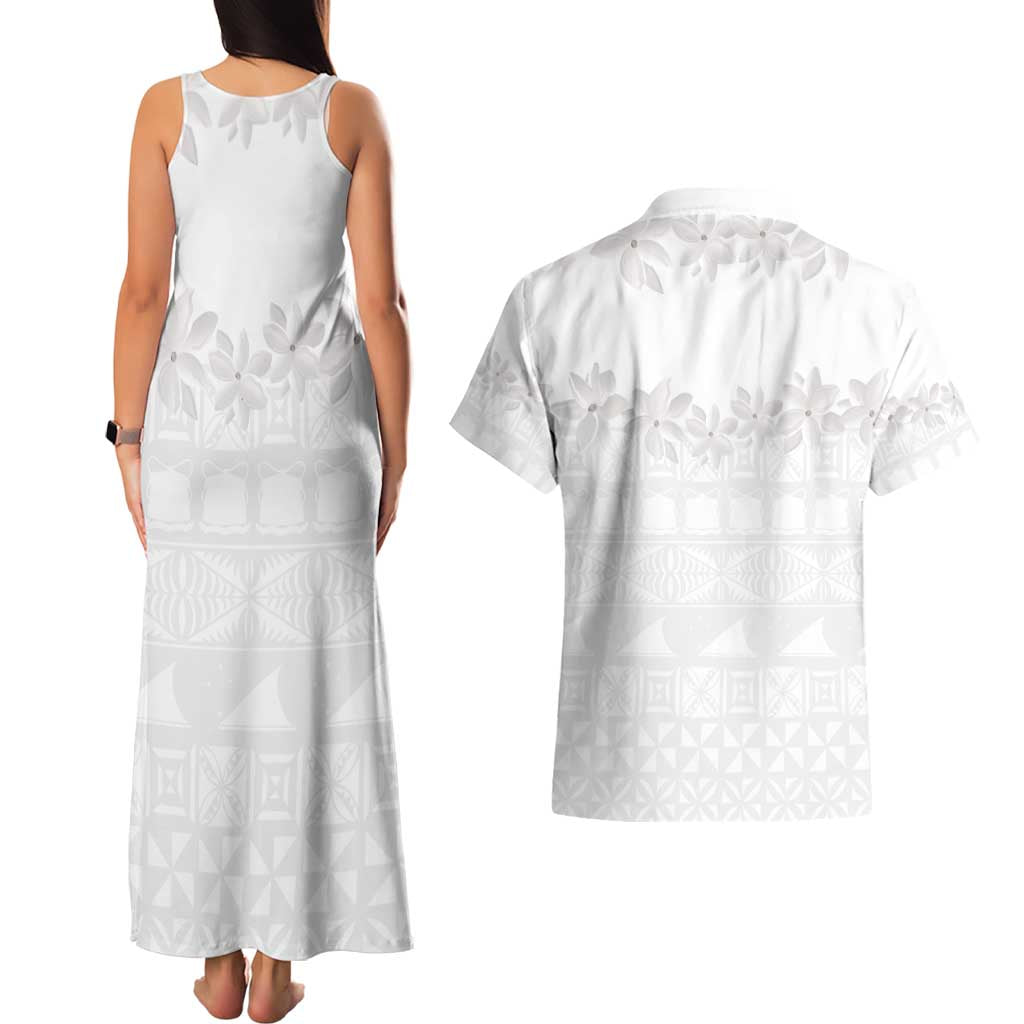 Tokelau White Sunday Couples Matching Tank Maxi Dress and Hawaiian Shirt Polynesian Pattern Gardenia Thunbergia LT14 - Polynesian Pride