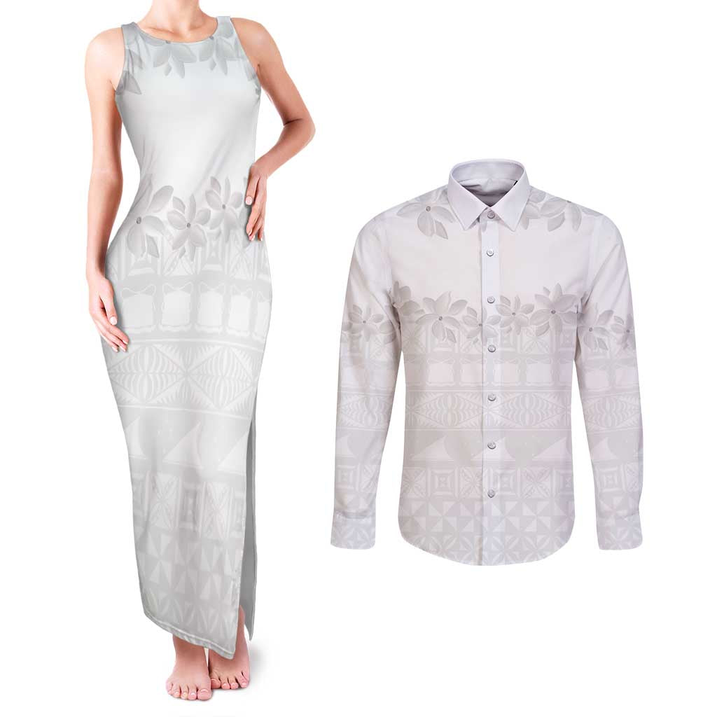 Tokelau White Sunday Couples Matching Tank Maxi Dress and Long Sleeve Button Shirt Polynesian Pattern Gardenia Thunbergia LT14 White - Polynesian Pride