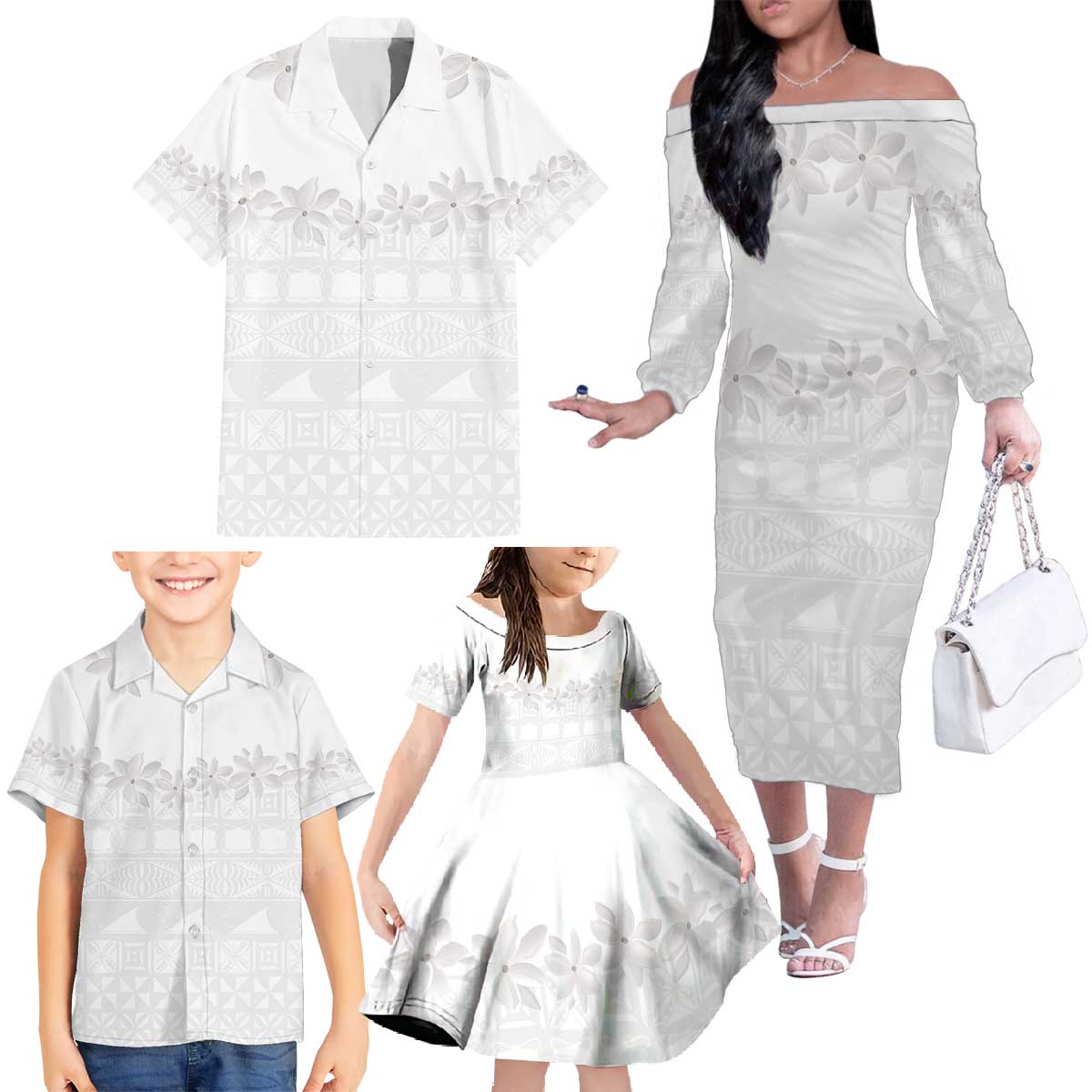 Tokelau White Sunday Family Matching Off The Shoulder Long Sleeve Dress and Hawaiian Shirt Polynesian Pattern Gardenia Thunbergia LT14 - Polynesian Pride
