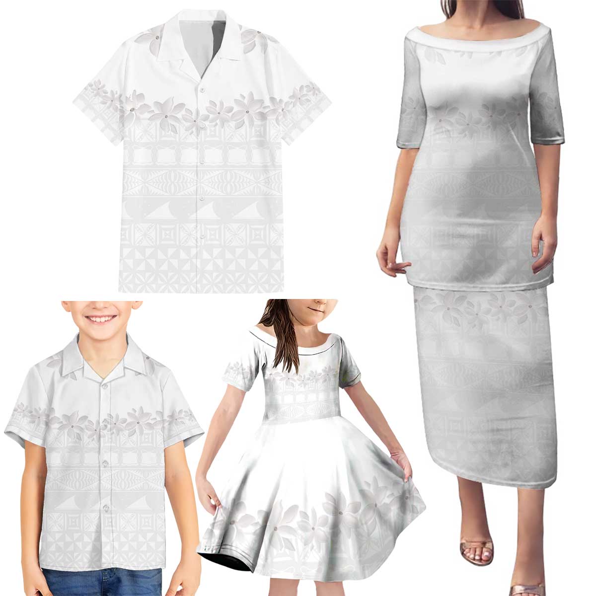 Tokelau White Sunday Family Matching Puletasi and Hawaiian Shirt Polynesian Pattern Gardenia Thunbergia LT14 - Polynesian Pride
