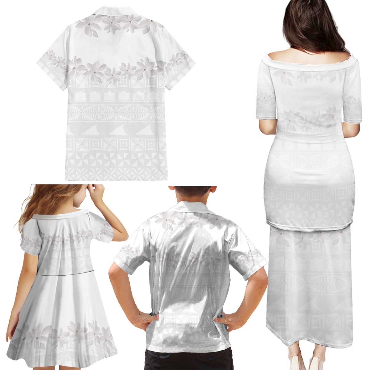 Tokelau White Sunday Family Matching Puletasi and Hawaiian Shirt Polynesian Pattern Gardenia Thunbergia LT14 - Polynesian Pride