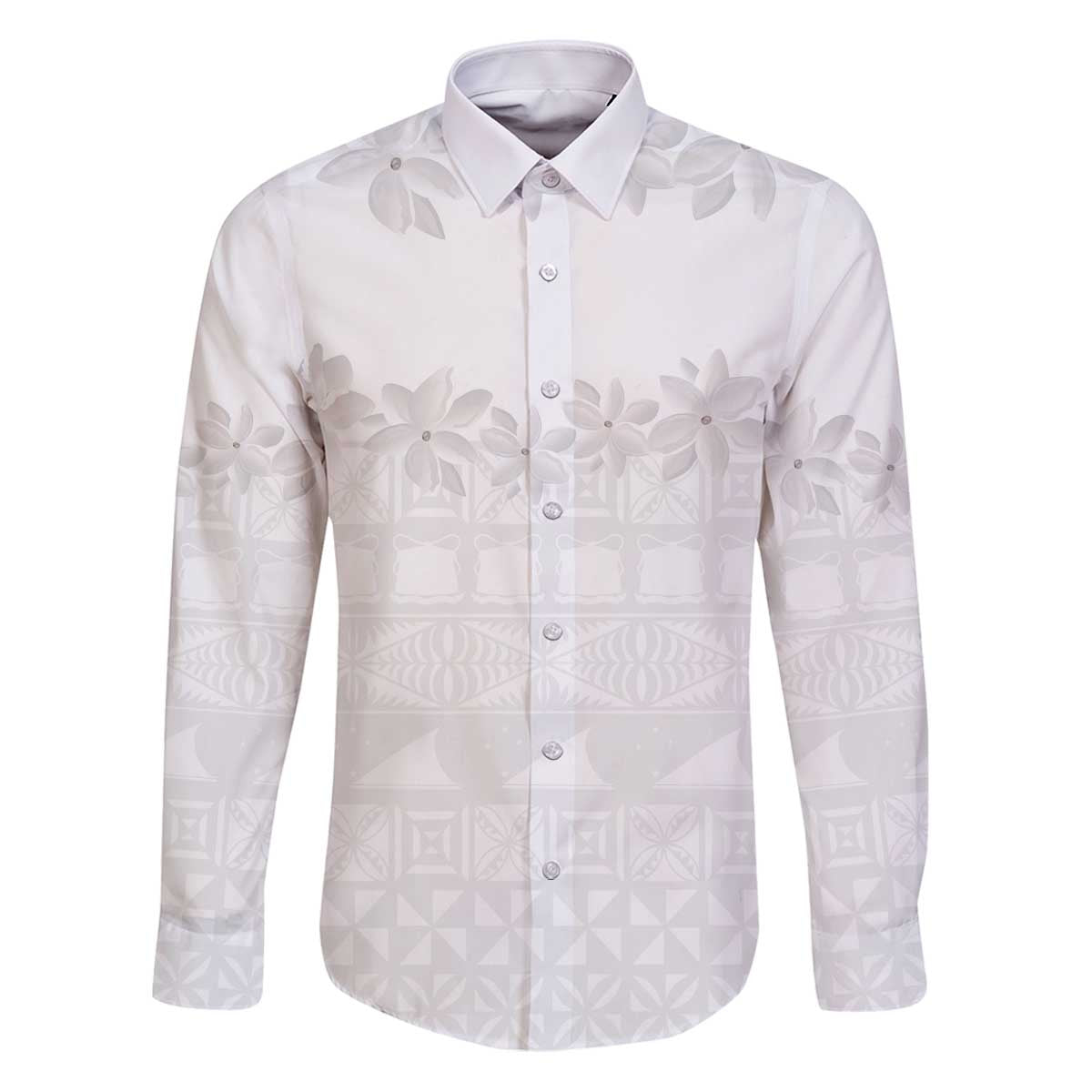 Tokelau White Sunday Family Matching Puletasi and Hawaiian Shirt Polynesian Pattern Gardenia Thunbergia LT14 Dad's Shirt - Long Sleeve White - Polynesian Pride