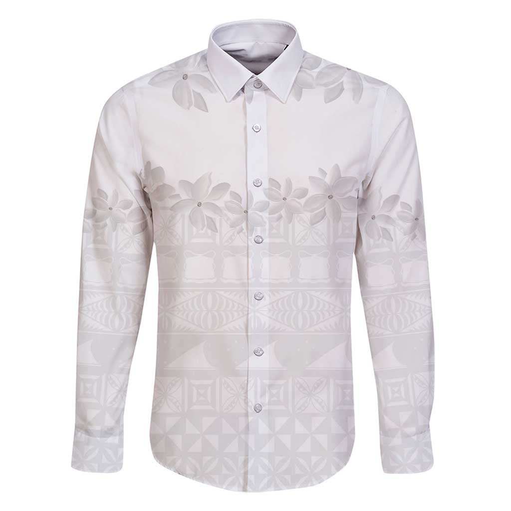 Tokelau White Sunday Family Matching Tank Maxi Dress and Hawaiian Shirt Polynesian Pattern Gardenia Thunbergia LT14 Dad's Shirt - Long Sleeve White - Polynesian Pride
