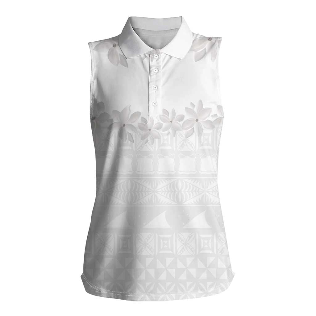 Tokelau White Sunday Women Sleeveless Polo Shirt Polynesian Pattern Gardenia Thunbergia LT14 Female White - Polynesian Pride