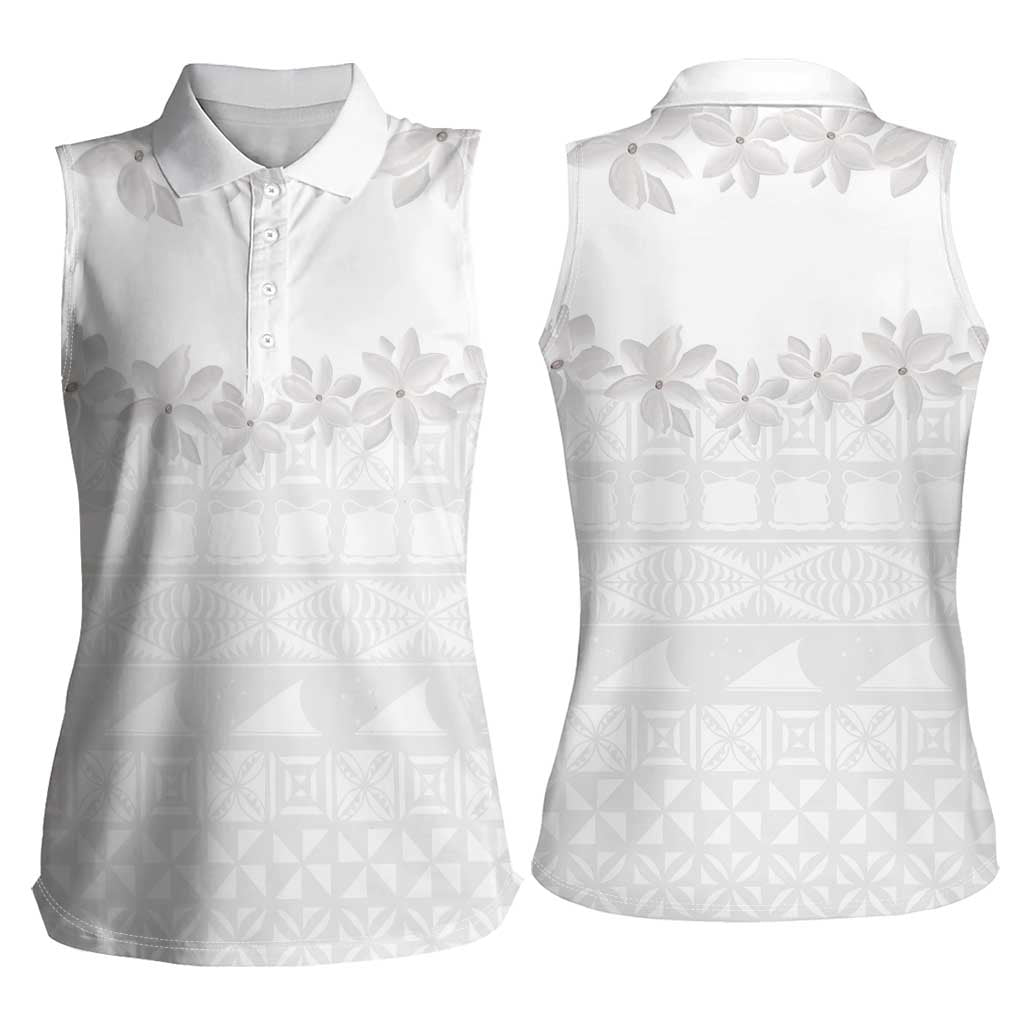 Tokelau White Sunday Women Sleeveless Polo Shirt Polynesian Pattern Gardenia Thunbergia LT14 - Polynesian Pride