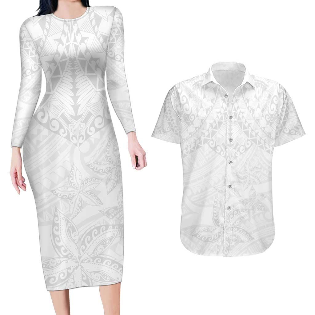 American Samoa White Sunday Couples Matching Long Sleeve Bodycon Dress and Hawaiian Shirt Lotu Tamaiti Plumeria With Samoan Pattern LT14 White - Polynesian Pride