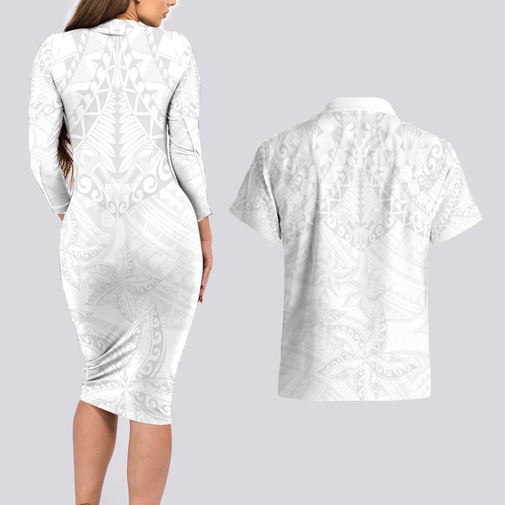 American Samoa White Sunday Couples Matching Long Sleeve Bodycon Dress and Hawaiian Shirt Lotu Tamaiti Plumeria With Samoan Pattern LT14 - Polynesian Pride