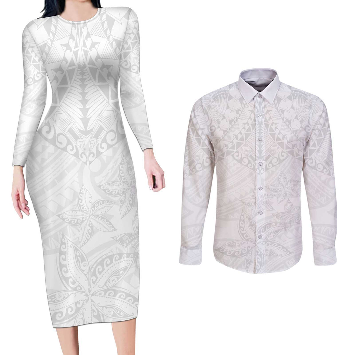 American Samoa White Sunday Couples Matching Long Sleeve Bodycon Dress and Long Sleeve Button Shirt Lotu Tamaiti Plumeria With Samoan Pattern LT14 White - Polynesian Pride
