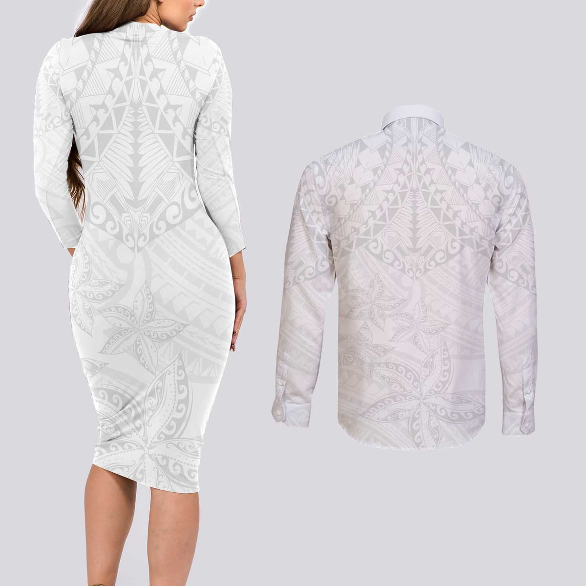 American Samoa White Sunday Couples Matching Long Sleeve Bodycon Dress and Long Sleeve Button Shirt Lotu Tamaiti Plumeria With Samoan Pattern LT14 - Polynesian Pride