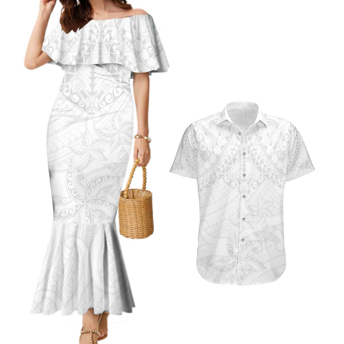 American Samoa White Sunday Couples Matching Mermaid Dress and Hawaiian Shirt Lotu Tamaiti Plumeria With Samoan Pattern LT14 White - Polynesian Pride