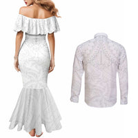 American Samoa White Sunday Couples Matching Mermaid Dress and Long Sleeve Button Shirt Lotu Tamaiti Plumeria With Samoan Pattern LT14 - Polynesian Pride