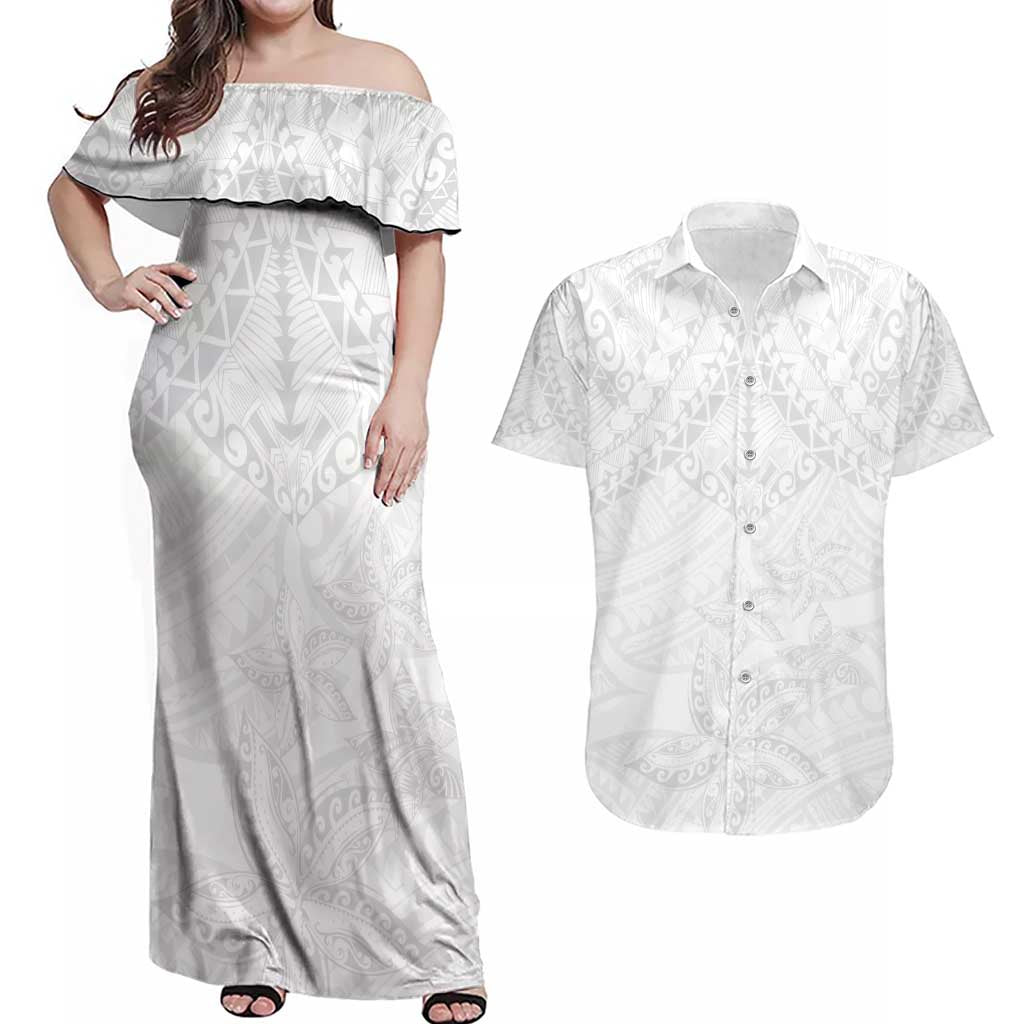 American Samoa White Sunday Couples Matching Off Shoulder Maxi Dress and Hawaiian Shirt Lotu Tamaiti Plumeria With Samoan Pattern LT14 White - Polynesian Pride