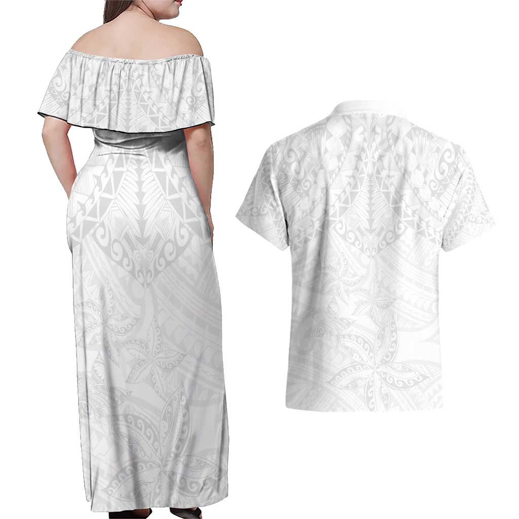 American Samoa White Sunday Couples Matching Off Shoulder Maxi Dress and Hawaiian Shirt Lotu Tamaiti Plumeria With Samoan Pattern LT14 - Polynesian Pride