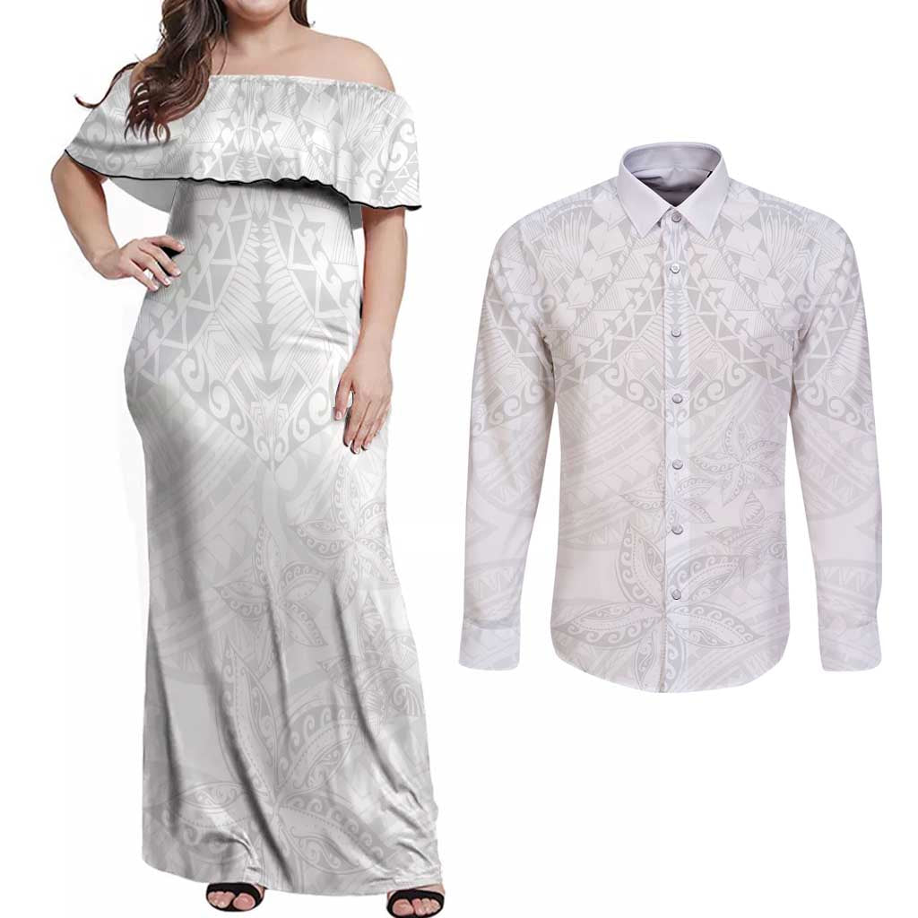 American Samoa White Sunday Couples Matching Off Shoulder Maxi Dress and Long Sleeve Button Shirt Lotu Tamaiti Plumeria With Samoan Pattern LT14 White - Polynesian Pride