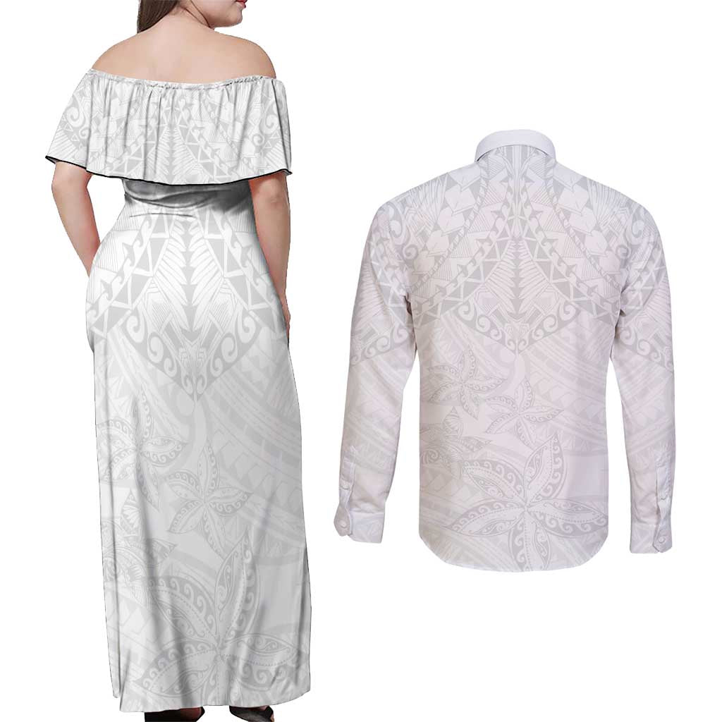 American Samoa White Sunday Couples Matching Off Shoulder Maxi Dress and Long Sleeve Button Shirt Lotu Tamaiti Plumeria With Samoan Pattern LT14 - Polynesian Pride