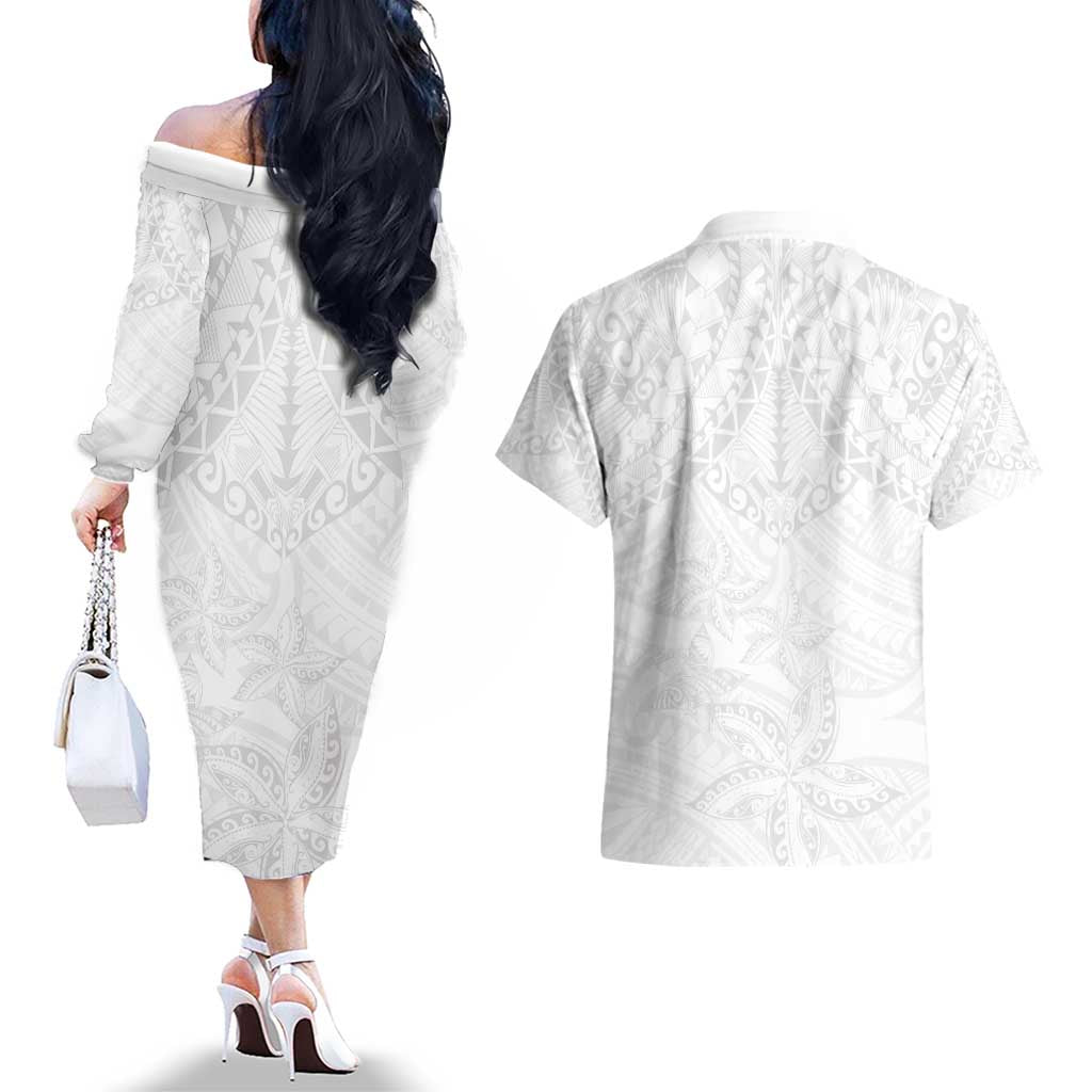 American Samoa White Sunday Couples Matching Off The Shoulder Long Sleeve Dress and Hawaiian Shirt Lotu Tamaiti Plumeria With Samoan Pattern LT14 - Polynesian Pride
