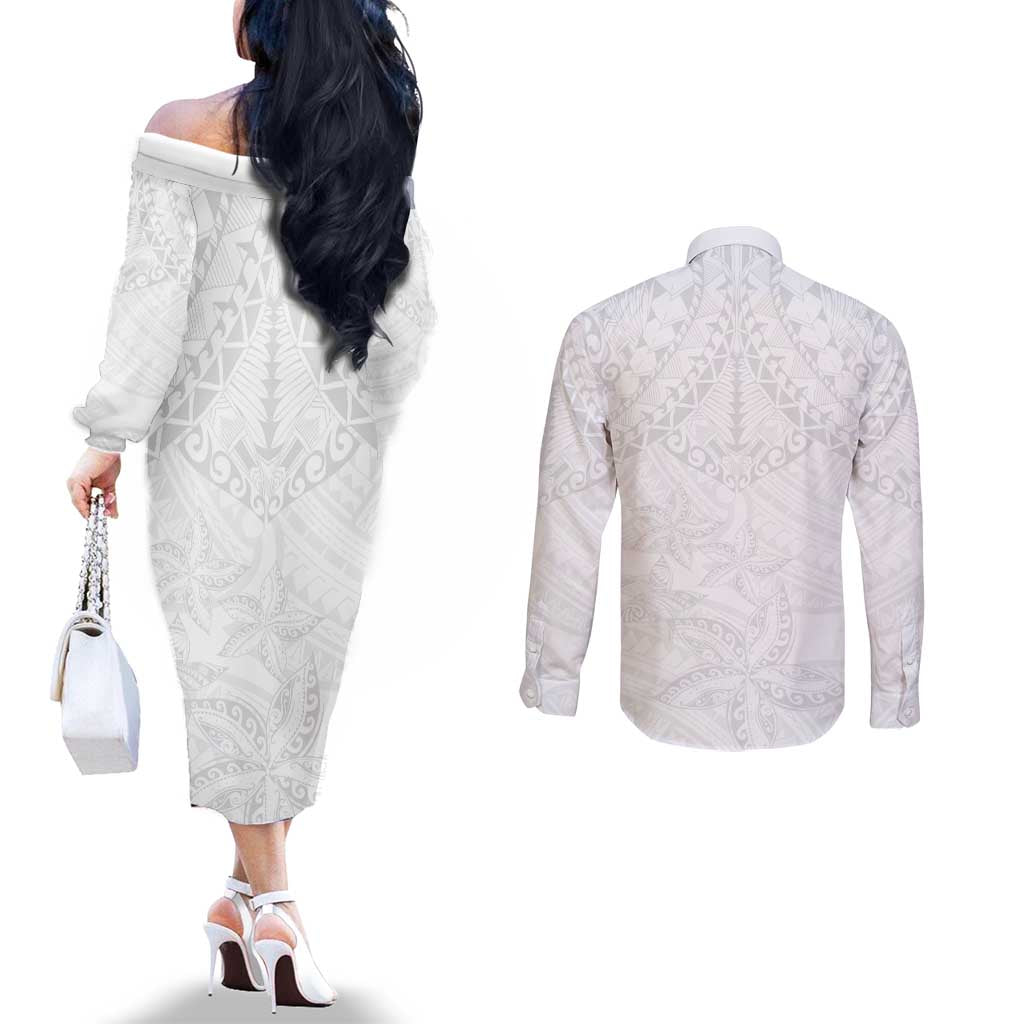 American Samoa White Sunday Couples Matching Off The Shoulder Long Sleeve Dress and Long Sleeve Button Shirt Lotu Tamaiti Plumeria With Samoan Pattern LT14 - Polynesian Pride