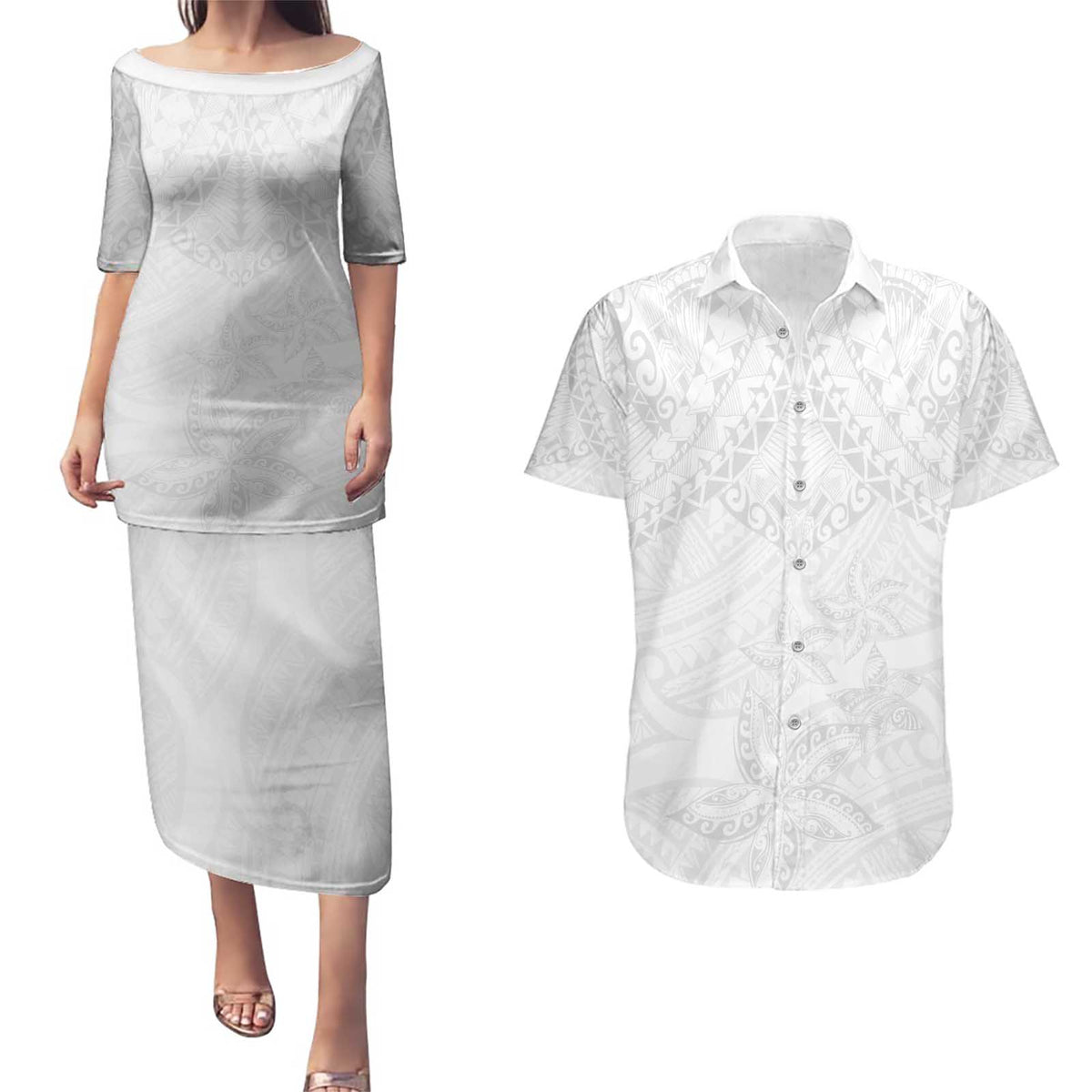 American Samoa White Sunday Couples Matching Puletasi and Hawaiian Shirt Lotu Tamaiti Plumeria With Samoan Pattern LT14 White - Polynesian Pride