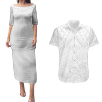American Samoa White Sunday Couples Matching Puletasi and Hawaiian Shirt Lotu Tamaiti Plumeria With Samoan Pattern LT14 White - Polynesian Pride