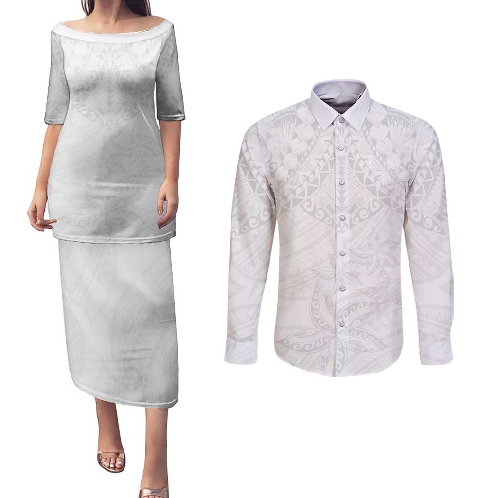 American Samoa White Sunday Couples Matching Puletasi and Long Sleeve Button Shirt Lotu Tamaiti Plumeria With Samoan Pattern LT14 White - Polynesian Pride