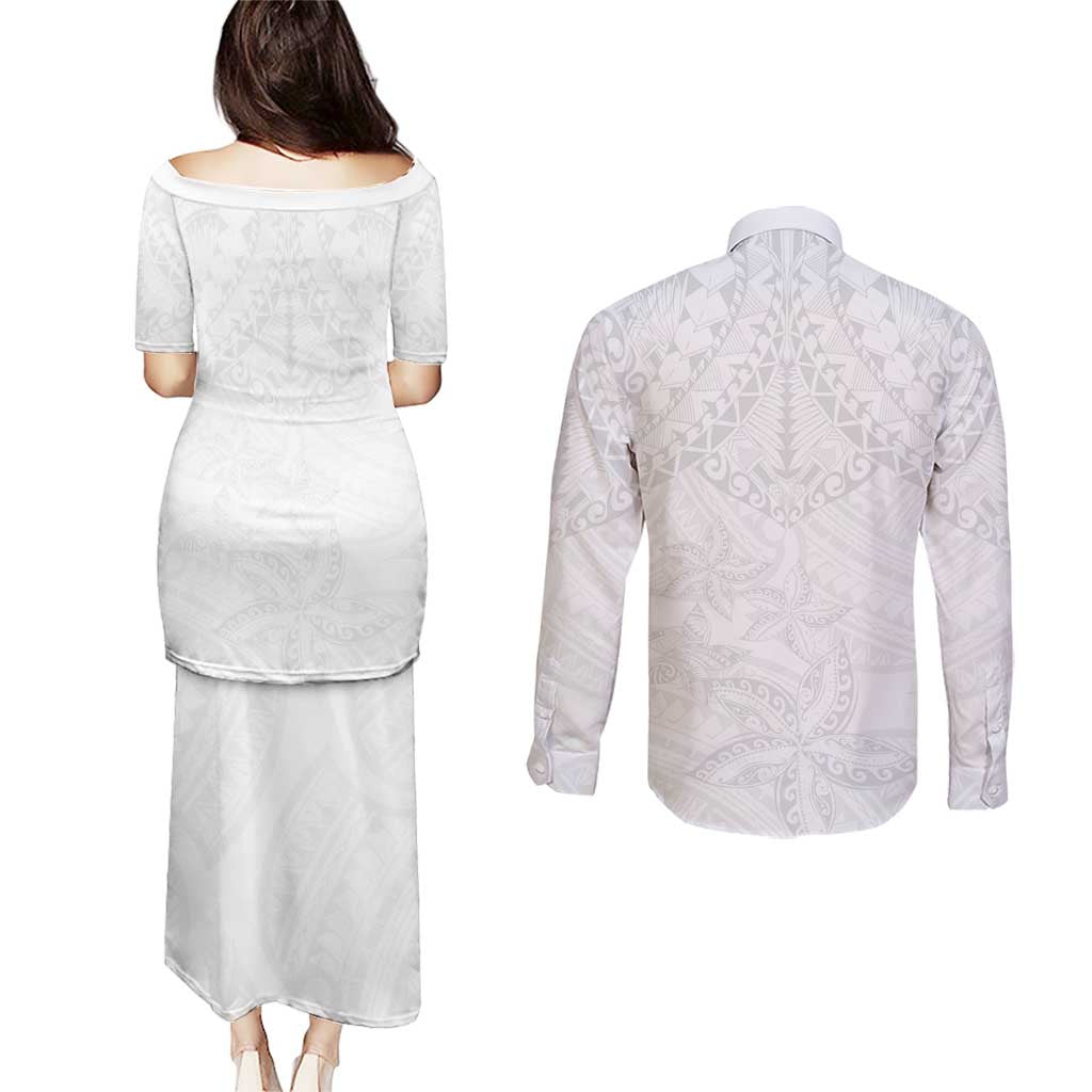 American Samoa White Sunday Couples Matching Puletasi and Long Sleeve Button Shirt Lotu Tamaiti Plumeria With Samoan Pattern LT14 - Polynesian Pride