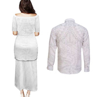 American Samoa White Sunday Couples Matching Puletasi and Long Sleeve Button Shirt Lotu Tamaiti Plumeria With Samoan Pattern LT14 - Polynesian Pride