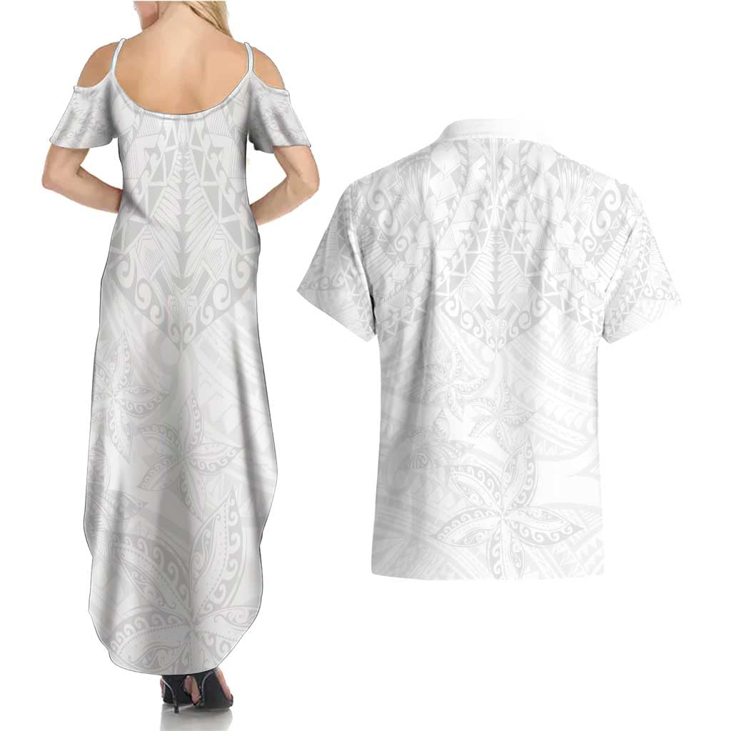 American Samoa White Sunday Couples Matching Summer Maxi Dress and Hawaiian Shirt Lotu Tamaiti Plumeria With Samoan Pattern LT14 - Polynesian Pride