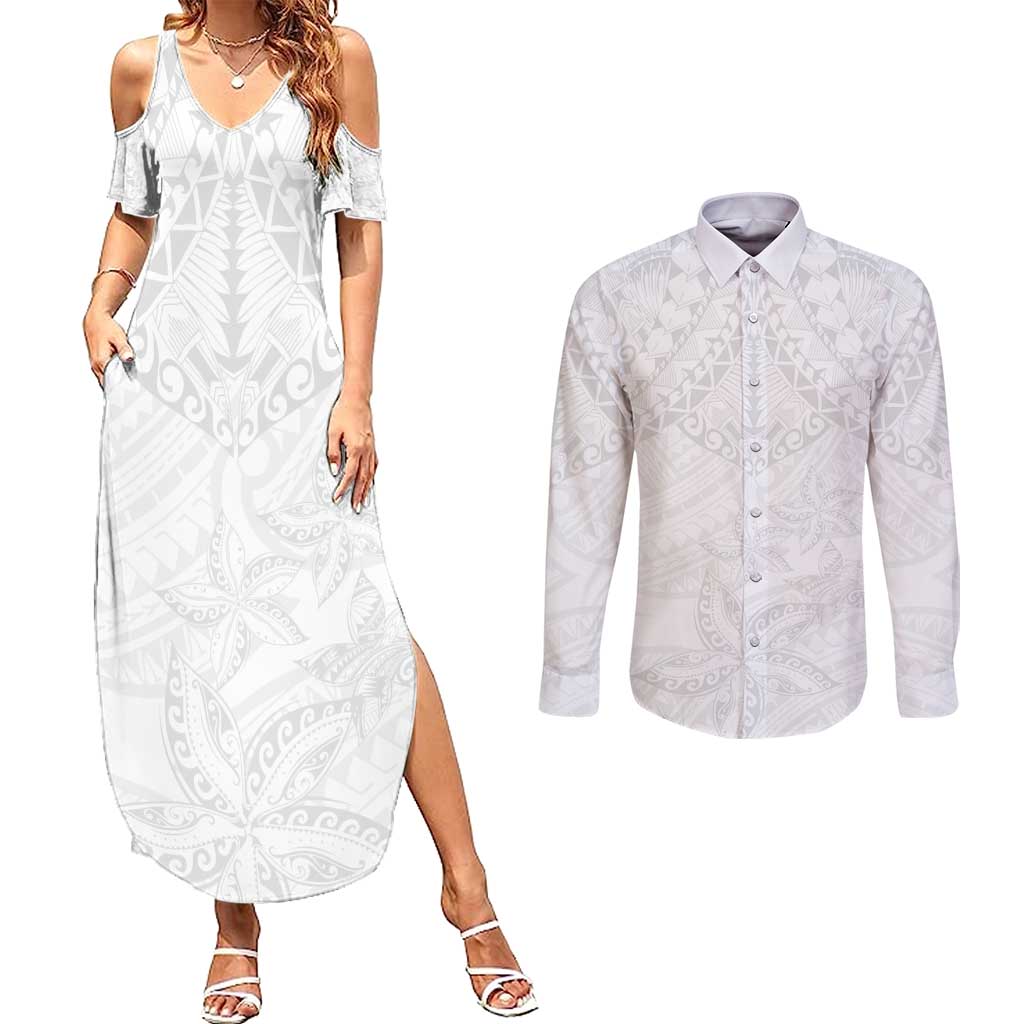 American Samoa White Sunday Couples Matching Summer Maxi Dress and Long Sleeve Button Shirt Lotu Tamaiti Plumeria With Samoan Pattern LT14 White - Polynesian Pride