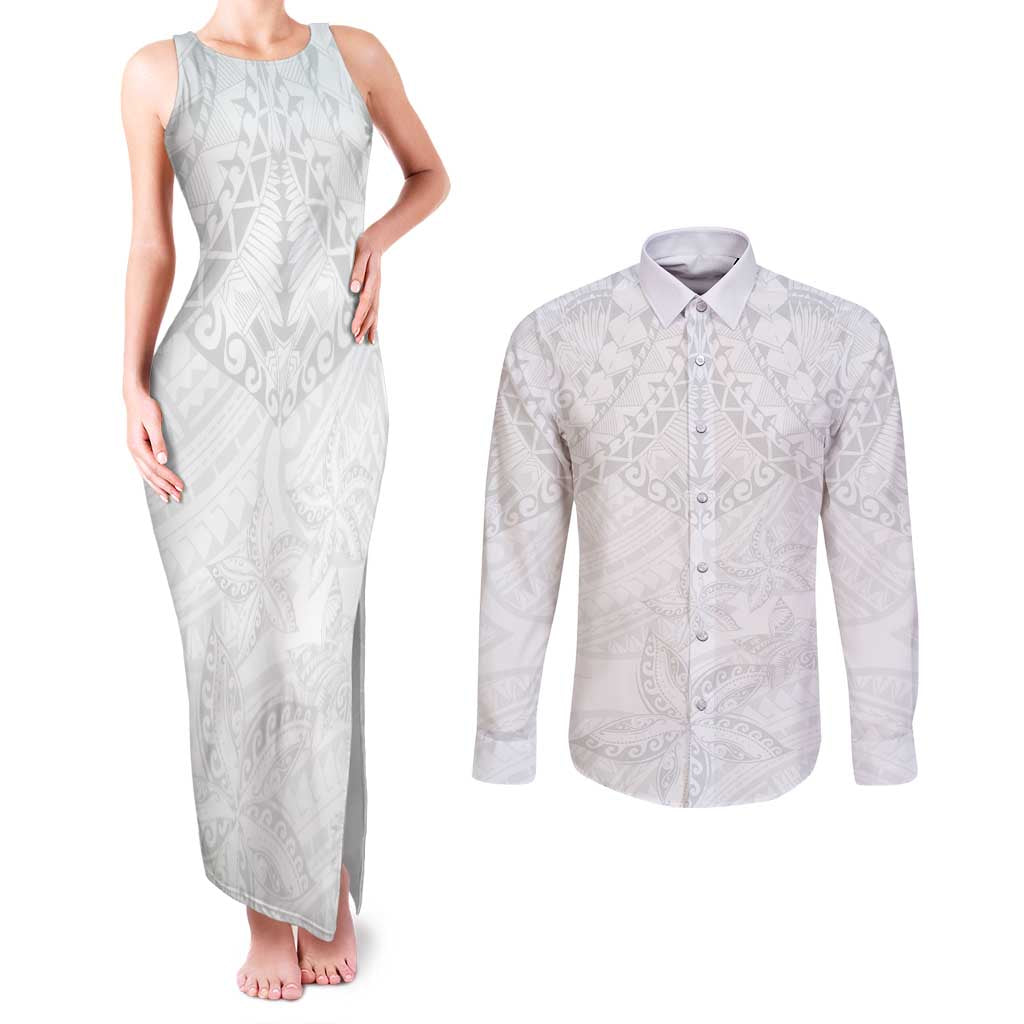 American Samoa White Sunday Couples Matching Tank Maxi Dress and Long Sleeve Button Shirt Lotu Tamaiti Plumeria With Samoan Pattern LT14 White - Polynesian Pride